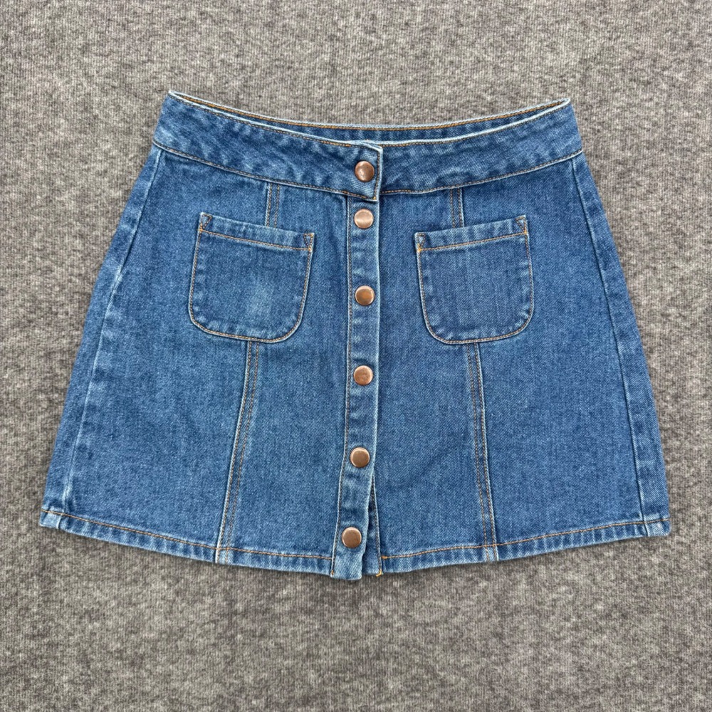 Bullhead Denim Co Blue Button Front A-Line Mini Skirt Size 26 Skater Jean Preppy